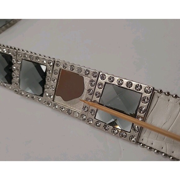 Genuine Leather Belt White Silver Buckle Studded Mirror Style Western Rock Retro - Picture 10 of 15
